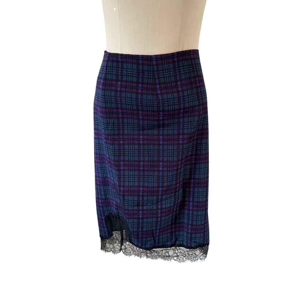 NWT Blue Purple Plaid Pencil Skirt Lace Trim Sz XL Fairy Grunge Dark Academia